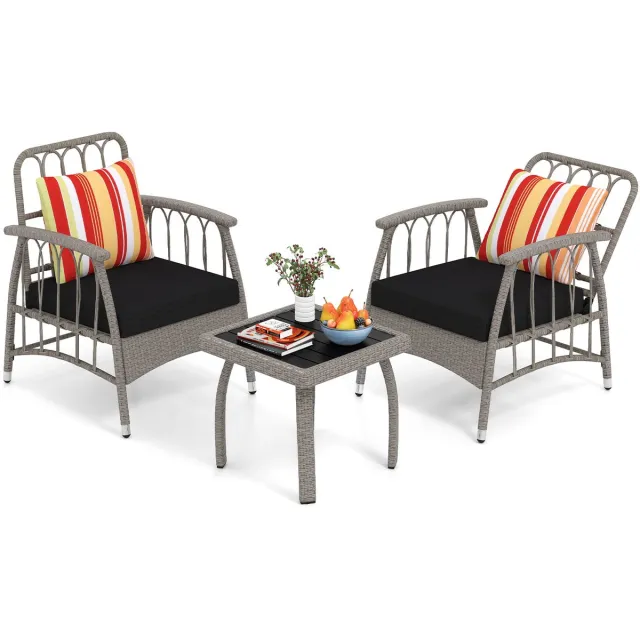 Costway Tuinmeubelset, polyrotan balkonmeubels met 5-traps verstelbare rugleuning, rotan terrasmeubel, tafel en zitkussen, weerbestendig, zitgroep voor terras, balkon, tuin Grijs