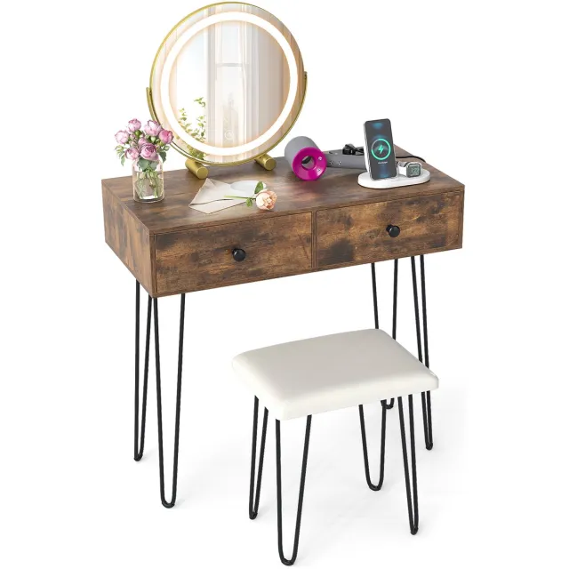 Costway Schminktafel met 3-kleurige dimbare LED-spiegel en gevoerde kruk, Make-up tafel met 2 laden, stopcontacten & metalen poten, Cosmetica tafel voor slaapkamer 80 x 40 x 76 cm Rustiek bruin