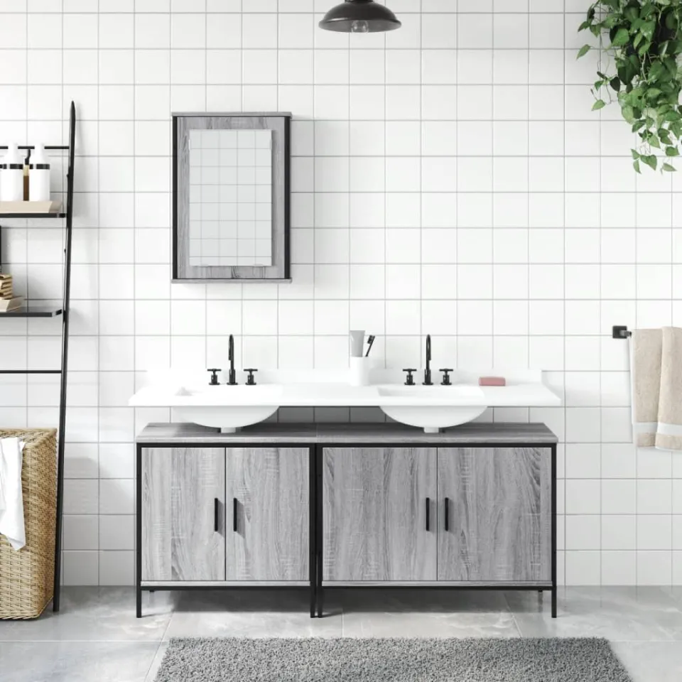 vidaXL 3-delige Badkamermeubelset bewerkt hout grijs sonoma eikenkleur, foto 2