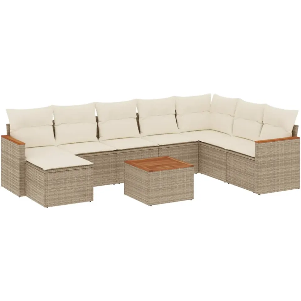 vidaXL 9-delige Loungeset met kussens poly rattan beige