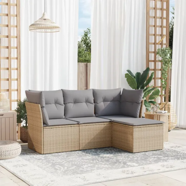 vidaXL 4-delige Loungeset met kussens poly rattan beige, foto 2