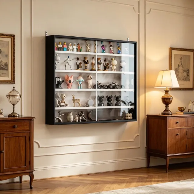 Ropilly Wandvitrine Voor Verzamelobjecten - Glazen Wandvitrine Met Schuifdeuren - Vier Verstelbare Planken - Voor Woonkamer - Glas En Spaanplaat Zwart, Wit