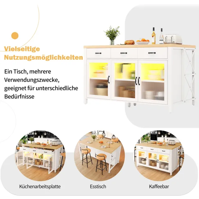 OKWISH Keukeneiland - 3 Laden en 3 Glazen Deuren - Ledverlichting en Verstelbare Poten - Voor Keuken en Eethoek - Wit en Houtkleur - 150 x 80 x 90 cm Wit en naturel