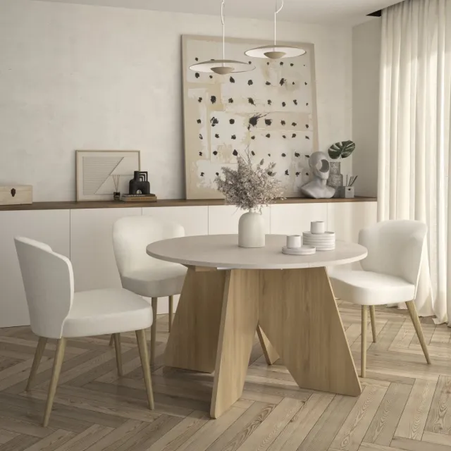 Gautier Uitschuifbare ronde eettafel wit- en eikendecor - GALEO