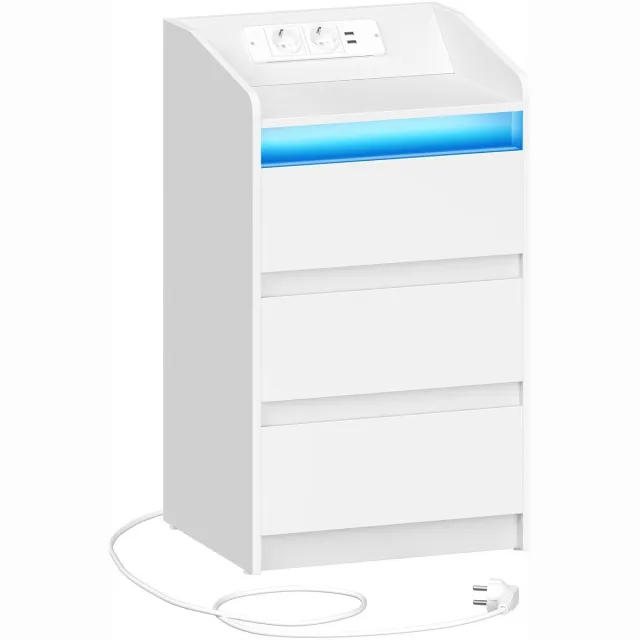 UFTA Nachtkasje - Bijzettafel met 3 Stoffen Lades - met LED-Verlichting & Oplaadstation - USB-Poorten & Stopcontacten - Wit