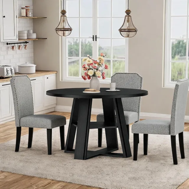 Triumpunpre Ronde eettafel van 43,3 inch – Moderne keukentafel – Stevig houten voetstuk – Voor 4-6 personen – Opbergplank – Rond tafelblad – Ruimtebesparend zwart