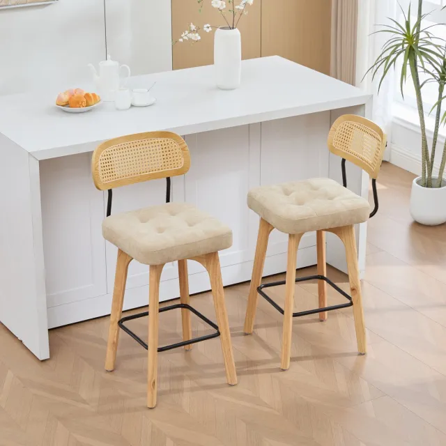 STILVORA Barkruk 67,5 Cm - Set Van 2 Met 360 Graden Draaibare Zitting En Rotan Rugleuning - Voor Keukeneiland En Ontbijtbar - Chenille Khaki