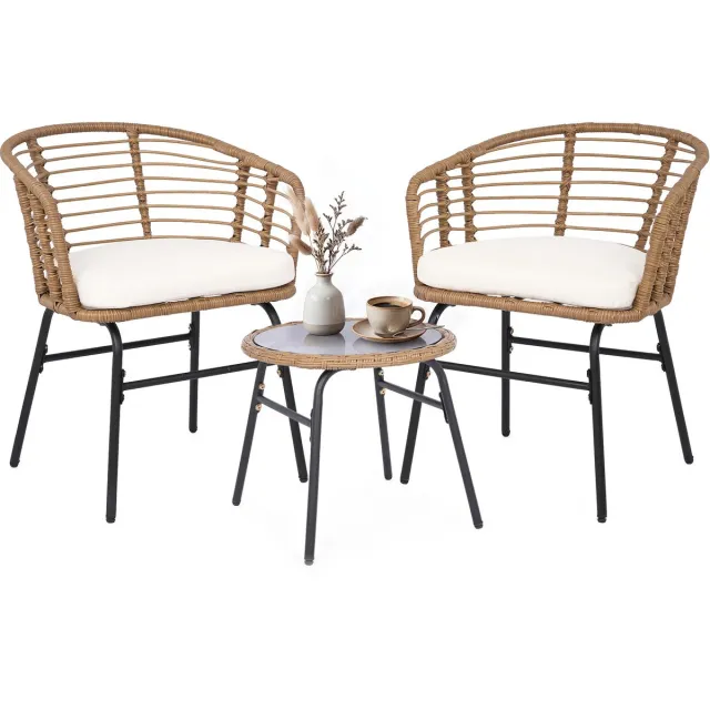 Costway 3-delige rieten tuinmeubelset, bistroset voor 2 personen, balkonmeubelen met glazen tafel & ergonomische stoelen, tuinset, zitgroep met zitkussens, voor balkon, terras & tuin Wit