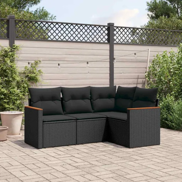 vidaXL 4-delige Loungeset met kussens poly rattan zwart, foto 2