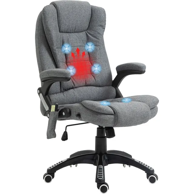 Lunpog Bureaustoel met massage en warmtefunctie, kantelbare rugleuning, verstelbare hoogte, 360° draaibaar, grijze polyester bekleding, met afstandsbediening Gris