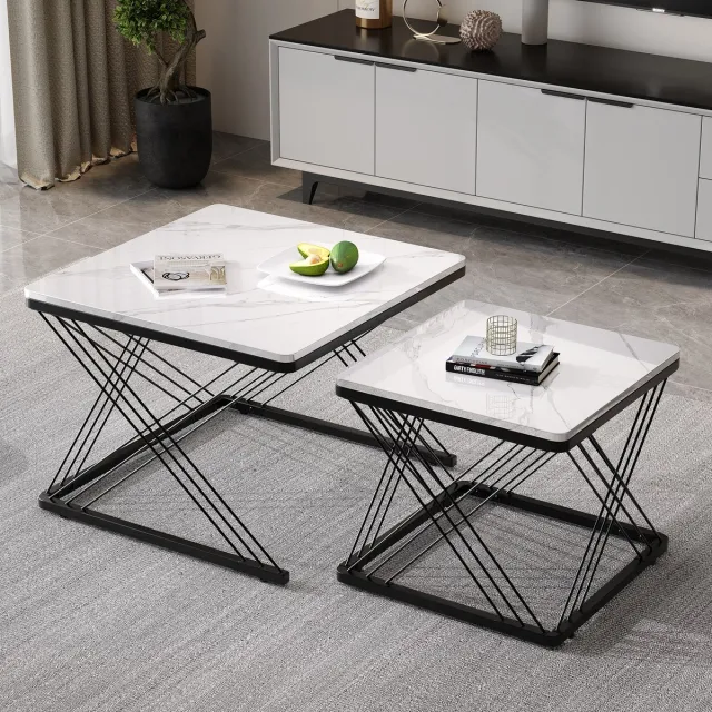 Sweiko Salontafel - Set van 2 - Vierkant - Hoogglans - Marmerlook - Combo salontafel Wit+Zwart