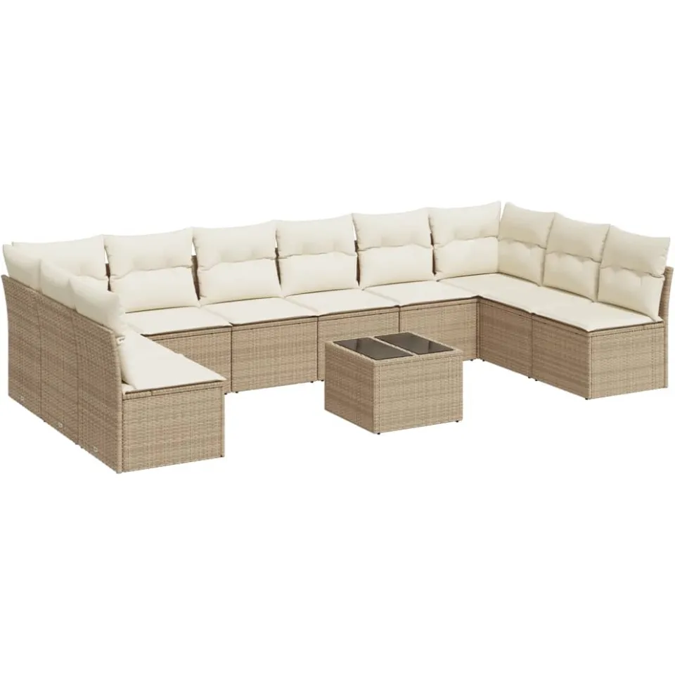 vidaXL 11-delige Tuinset met kussens poly rattan beige