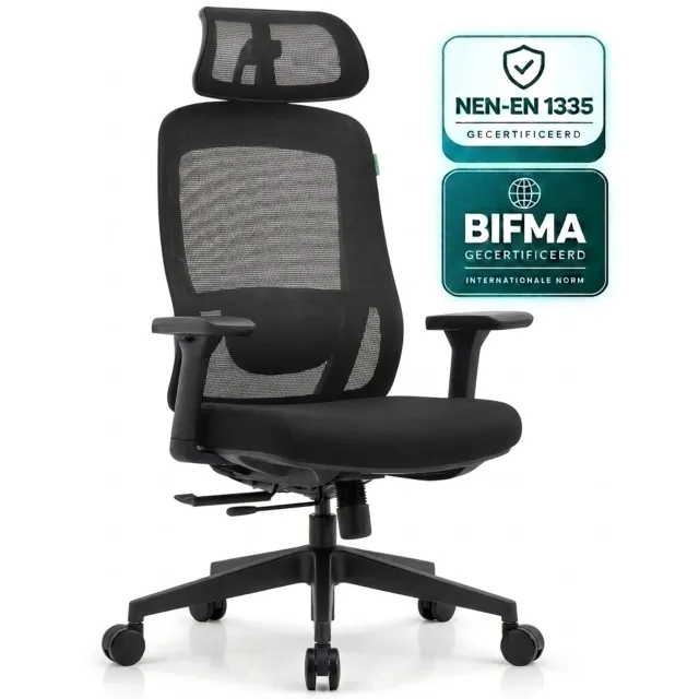 OfficeSense OS250 Ergonomische Bureaustoel - 3D Armleuningen - 2D Hoofdsteun - Schuifzitting - 125° Kantelbaar - Rubberen Wielen - 150 kg - Zwart