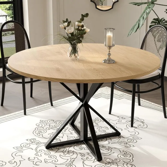 Triumpunpre Ronde eettafel van 47 inch – Houten keukentafel voor 4 personen, ronde eettafels in boerderijstijl met metalen voet – voor keuken, woonkamer – 120×120×76 cm – Houtkleur