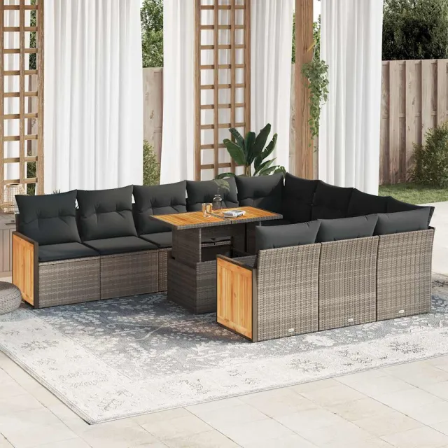 vidaXL 11-delige Loungeset met kussens poly rattan acacia grijs, foto 2