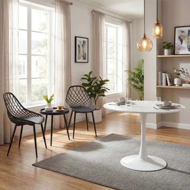 EGGREE Combinatieset: 3-delige tafel- en stoelenset + Ronde Witte eettafel - Salontafel bijzettafel - Geschikt voor woonkamer, slaapkamer, lounge, eetkamer en kantoor - 100 x 100 x 73 cm - Tafelblad met gesplitst ontwerp zwart