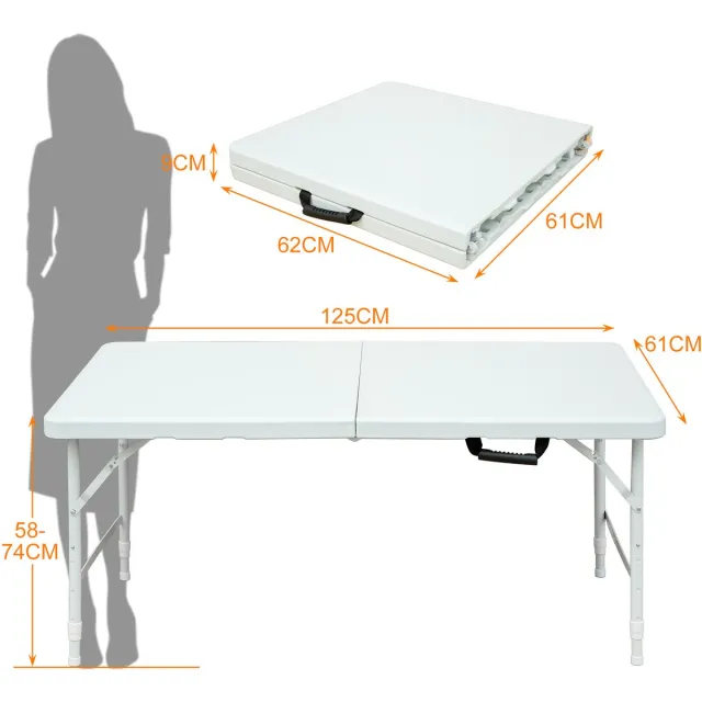 DESMIU Opvouwbare Picknicktafel - In Hoogte Verstelbaar Met Handgreep - Voor Kamperen En Binnengebruik - Kunststof En Staal - 125x61 Cm - Wit