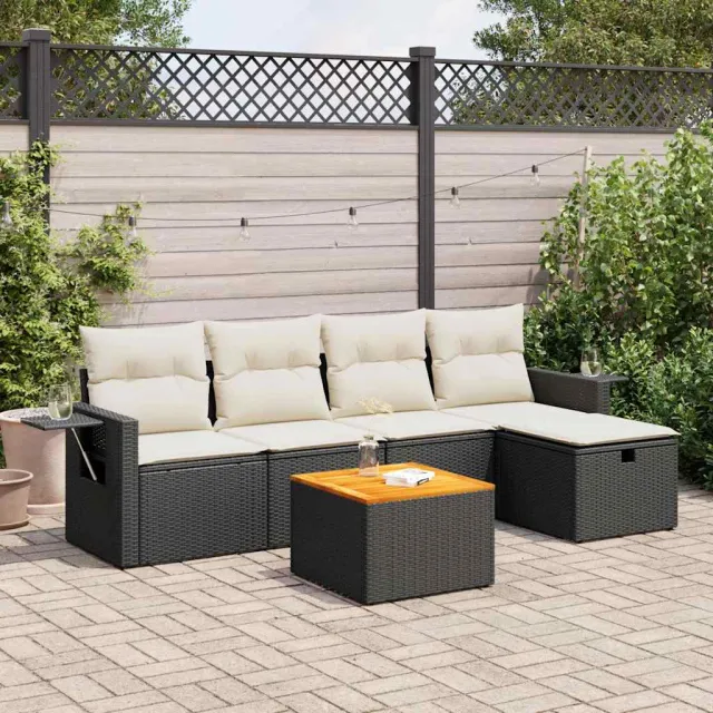 vidaXL 6-delige Loungeset met kussens poly rattan zwart, foto 2