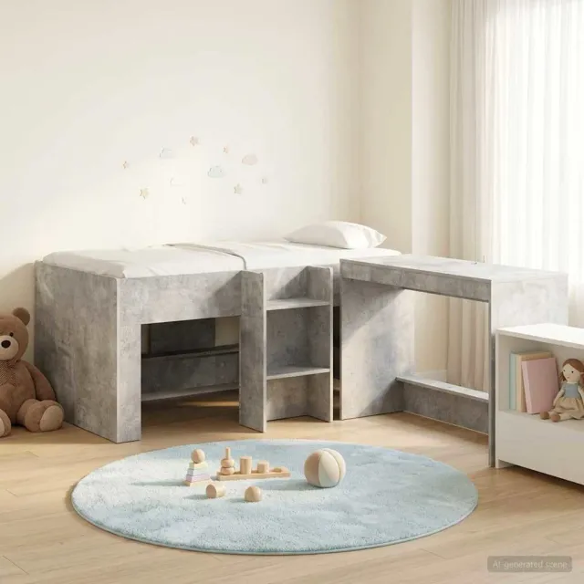 vidaXL Hoge Bed Frame met Bureau voor Kinderen 2 st Betongrijs