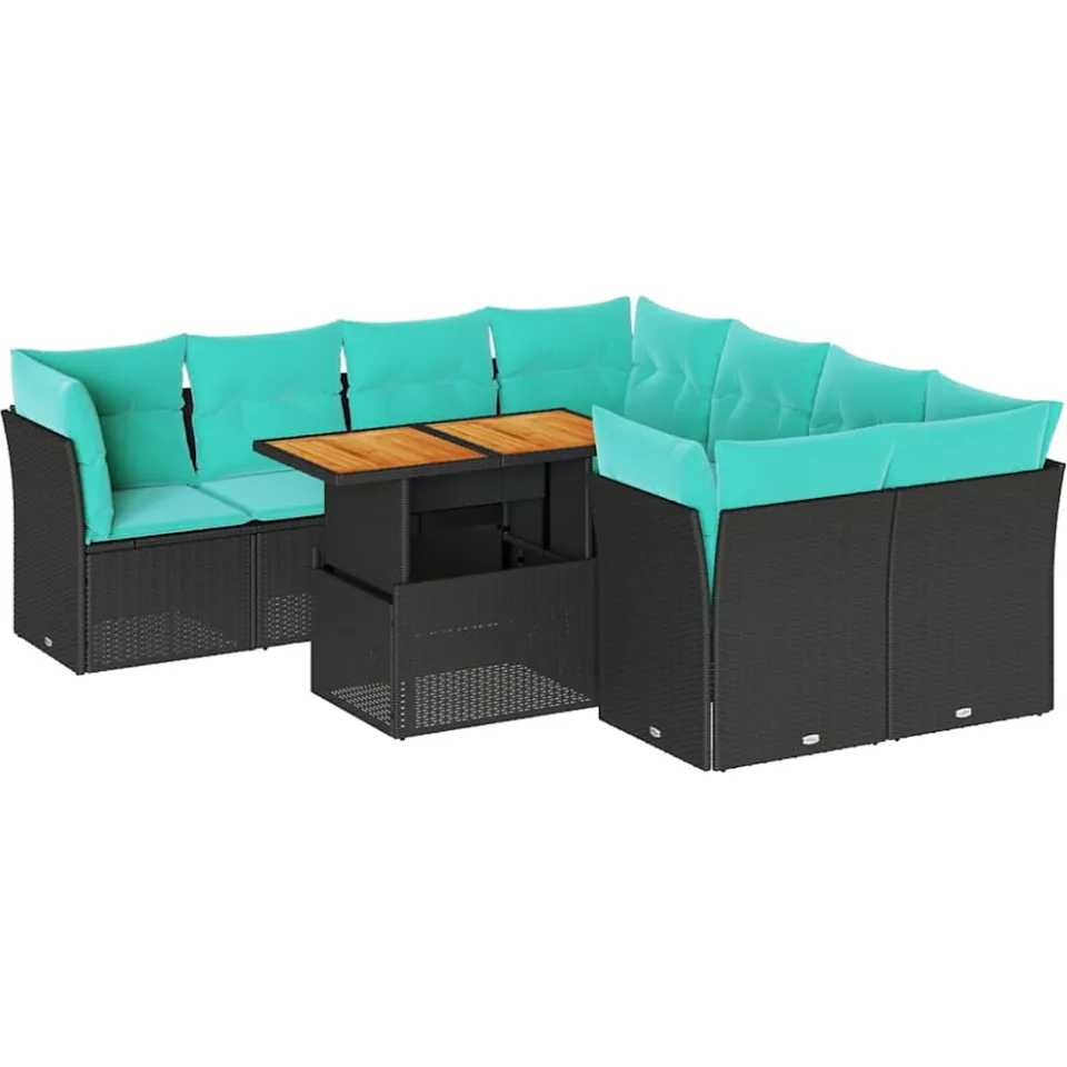 vidaXL 9-delige Loungeset met kussens poly rattan zwart, foto 3