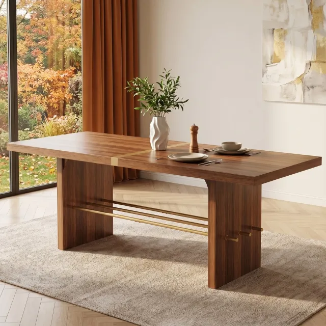 MEUNIQ Eettafel 180 x 75 x 75 cm voor 6-8 personen met 4 cm dik tafelblad en gouden dwarsbalk, rechthoekige eettafel voor eetkamer of woonkamer in walnoot en goud