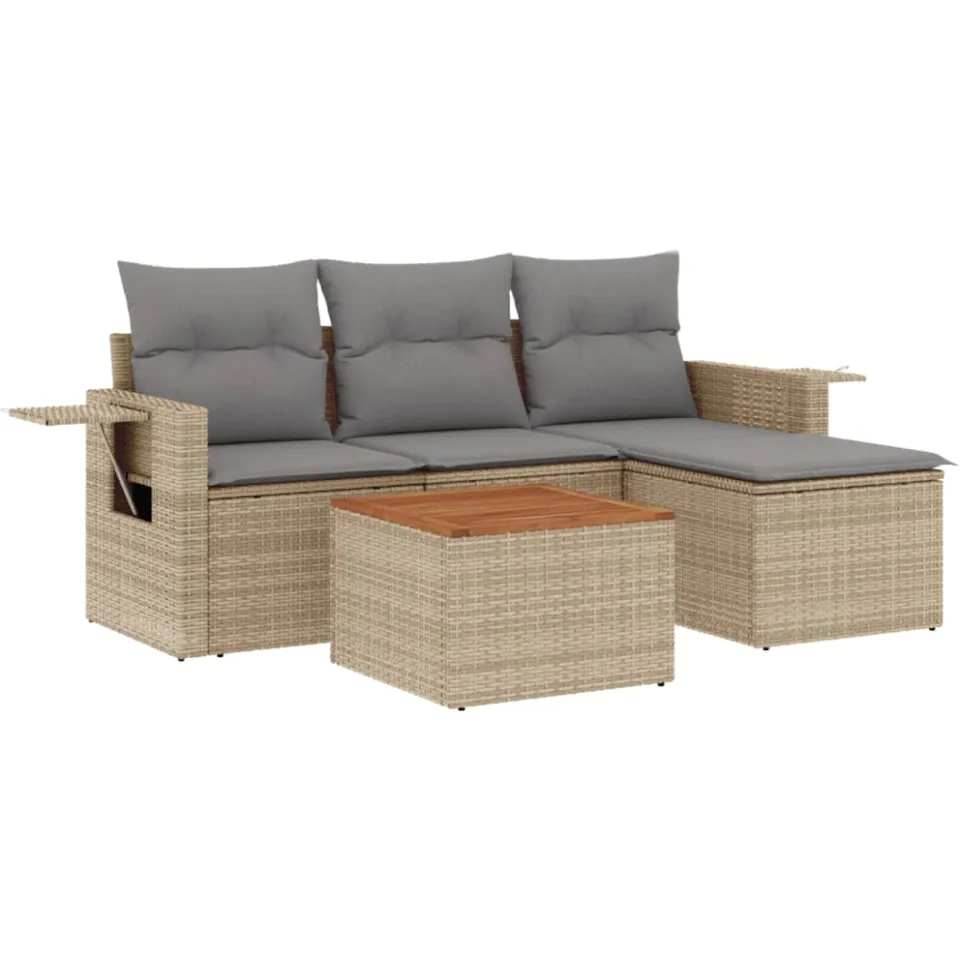vidaXL 5-delige Loungeset met kussens poly rattan gemengd beige, foto 3