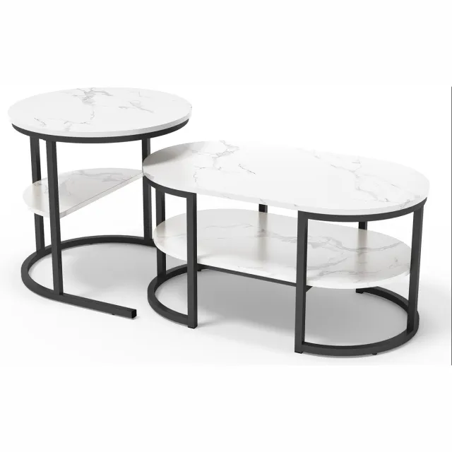 Yelenaro Salontafel Set van 2 - Marmerlook - Metalen frame - Grote Tafel 80x46cm, Kleine Tafel 52x52cm - Zwart - Bijzettafeltjes Woonkamer