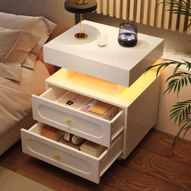 Merax Nachtkastje met LED-verlichting - met 2 lades en 1 open opbergruimte - wit - 50x40x60 cm