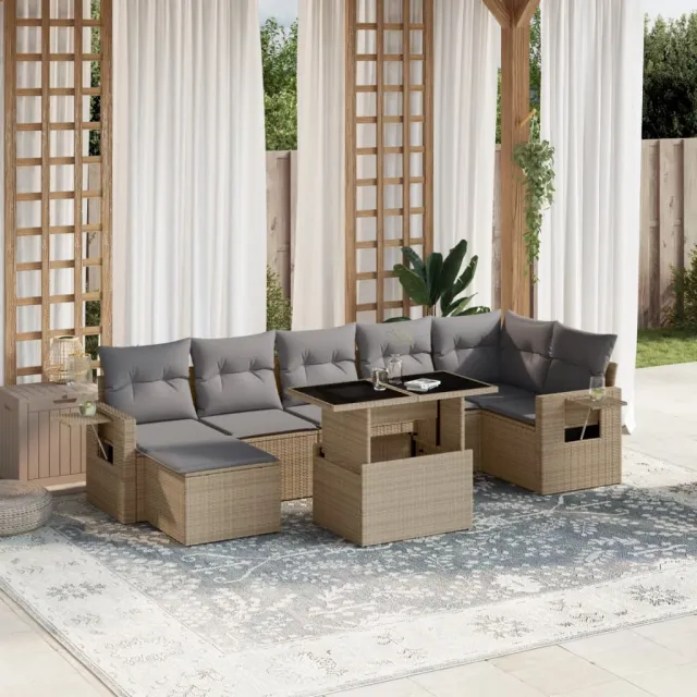vidaXL 8-delige Loungeset met kussens poly rattan beige, foto 2