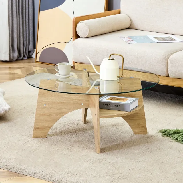 intebiki Moderne ronde glazen salontafel – Ø 80 cm met een transparant blad, multifunctioneel ontwerp. Waaiervormig frame, MDF-poten met een natuurlijke houtlook. Ideaal voor de woonkamer. Transparant, hout