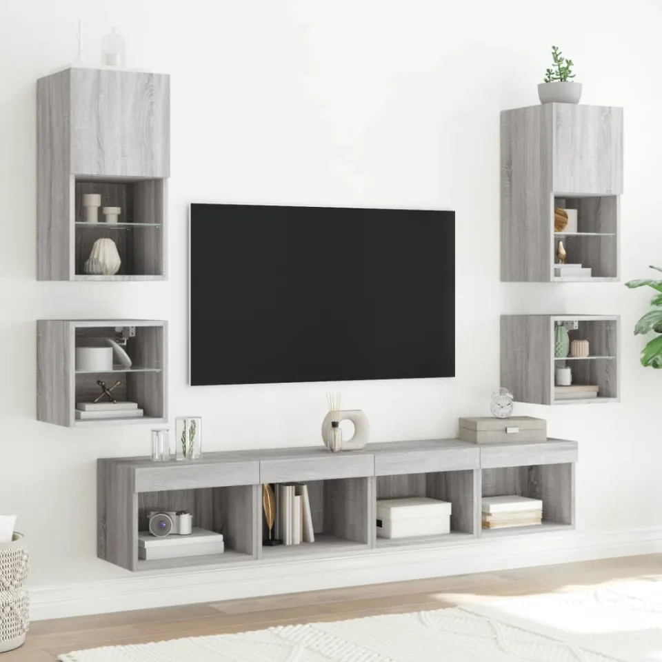 vidaXL 8-delige Tv-wandmeubelset met LED bewerkt hout grijs sonoma, foto 3