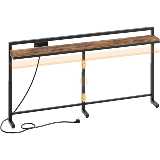 Homesy 180 cm Console Tafel met Verstelbare Hoogte (70-90 Cm), Lange Smalle Haltafel met Verschuifbare Stekkerdoos (2AC, 1USB-A, 1USB-C), Lange Haltafel voor Woonkamer, Slaapkamer, Vintage Bruin