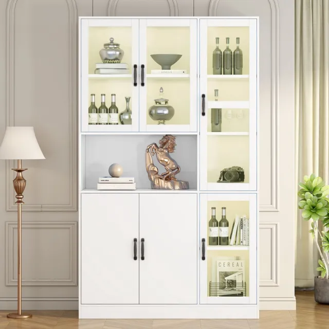 REDOM Vitrinekast - LED-verlichting - 2 houten deuren en open vak - 4 verstelbare planken - MDF en glas - Wit - 120 x 40 x 200 cm