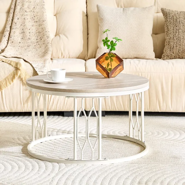 COVREO Salontafel 70x70x40,5 cm – wit, MDF met houtlook, metalen frame, open onderstel White