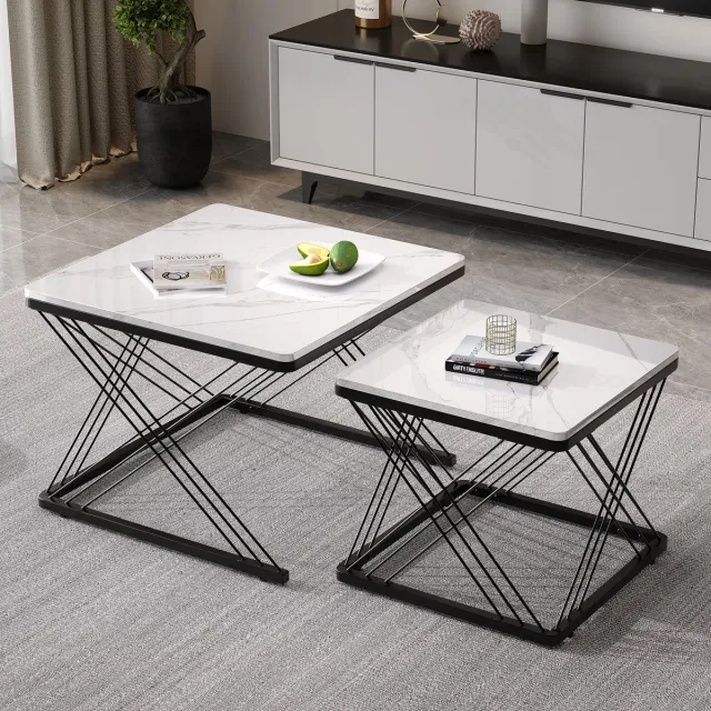 HAUSS SPOLE Salontafel Set - 2-delig Vierkante Salontafels Met Hoogglans Marmerlook En Verstelbare Voeten - MDF - 60x60x45 Cm & 45x45x40 Cm - Wit/Zwart
