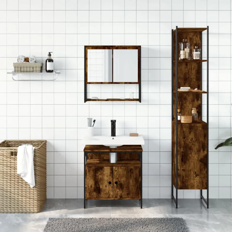vidaXL 3-delige Badkamermeubelset bewerkt hout gerookt eikenkleurig, foto 2