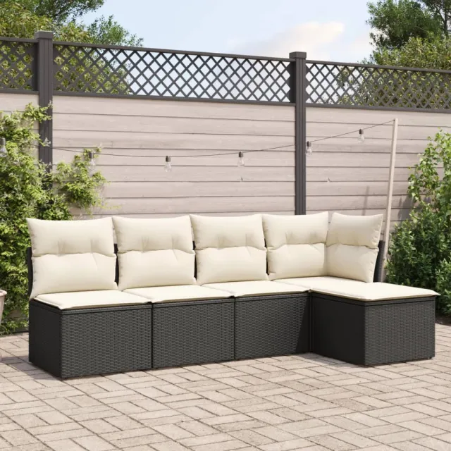 vidaXL 5-delige Loungeset met kussens poly rattan zwart, foto 2