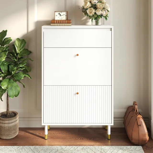 REDOM Schoenenkast - Smal staand ontwerp - Twee kantelvakken en lade - Gedempte scharnieren - Metalen poten - MDF en spaanplaat - Wit - 65 x 24 x 104 cm