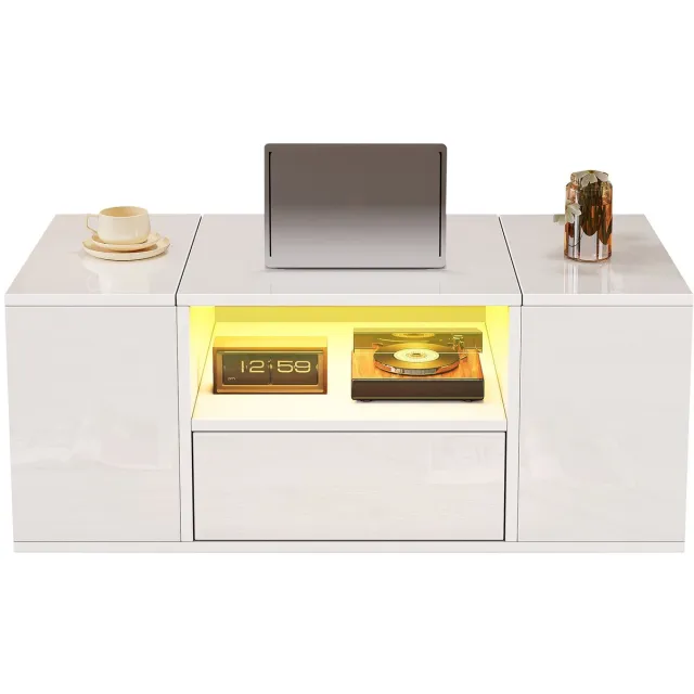 Merax Salontafel 100 X 50 X 40 Cm Wit Hoogglans - Met Led-Verlichting Met App-Bediening - Met 1 Lade - Met 2 Kasten Met Klepdeuren - Met Open Middenvak - Met 6 Opbergvakken