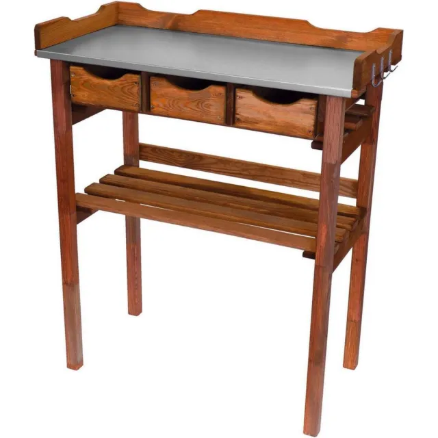 Kynast Houten tuinwerktafel - Oppottafel - met zinken blad - vv 3 ruime lades - met extra schap bruin