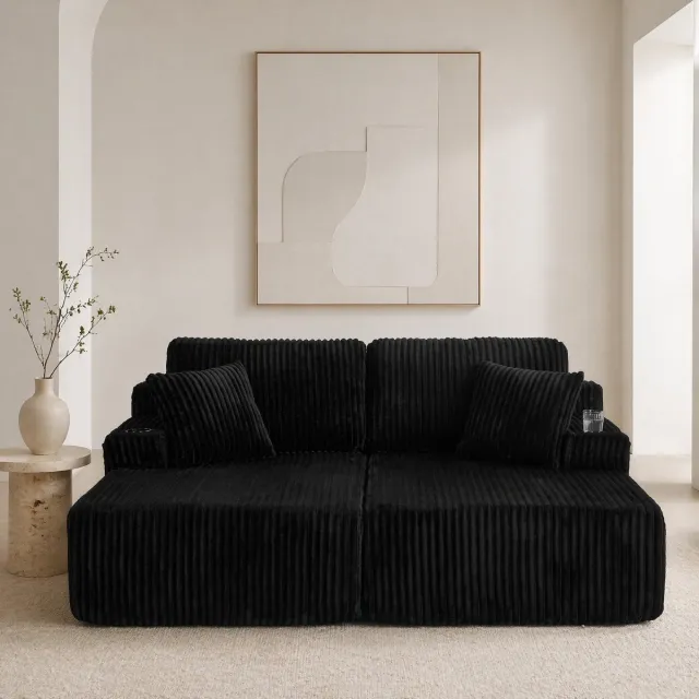 MEUNIQ 2-zits slaapbank 186 x 78 cm met zijvak, bekerhouder en kussens, corduroy relaxbank voor woonkamer, werkkamer of logeerkamer, zwart