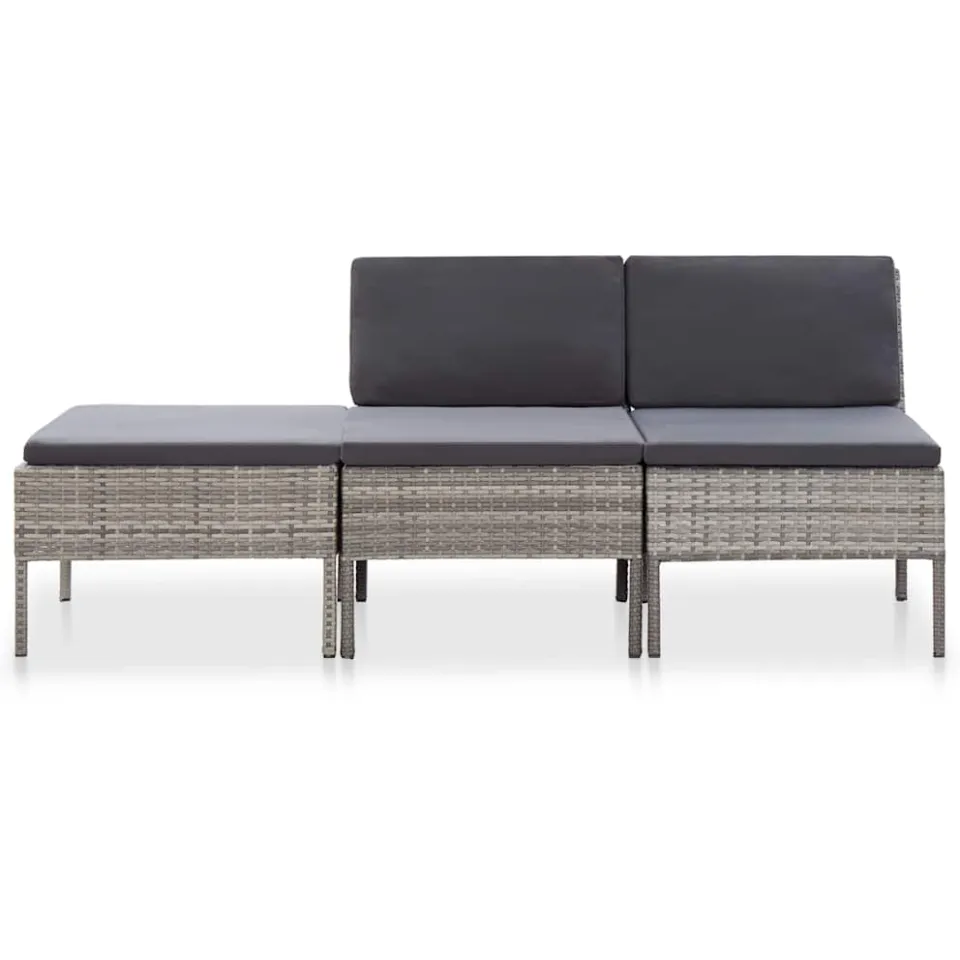 vidaXL 3-delige Loungeset met kussens poly rattan grijs, foto 2