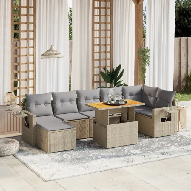 vidaXL 8-delige Loungeset met kussens poly rattan beige, foto 2