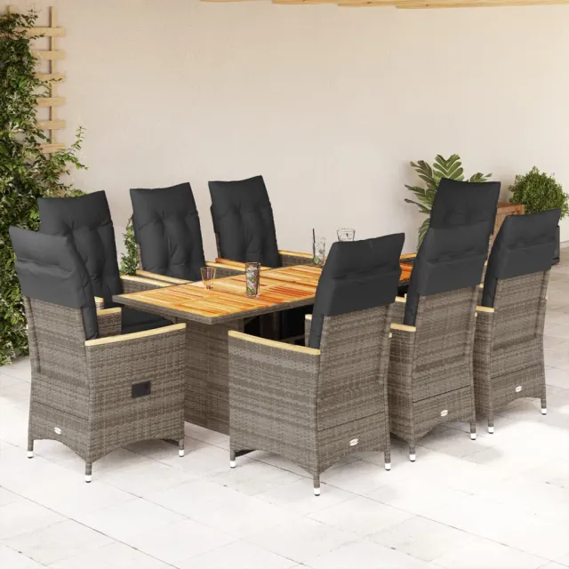 vidaXL 9-delige Bistroset met kussens poly rattan grijs, foto 2