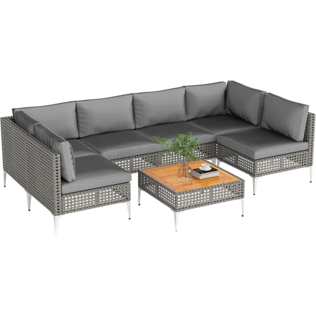 Costway Loungemeubelen voor buiten, rotan tuinlounge met tafel en kussens, vrij te combineren, tuinmeubelset, balkonmeubels, terrasmeubels, zitgroep voor tuin, balkon, terras Grijs