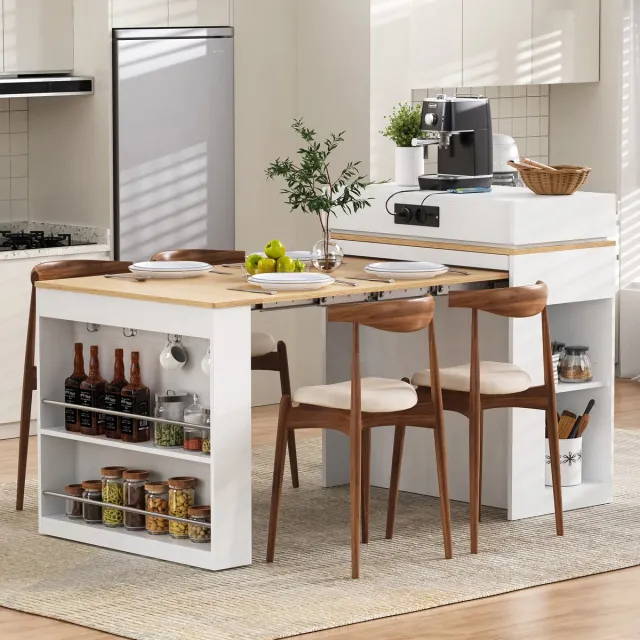 REDOM Keukeneiland Met Uitschuifbaar Blad En Stopcontact - Scandinavische Stijl - Voor Keuken En Eetkamer - MDF En Glas - Wit White