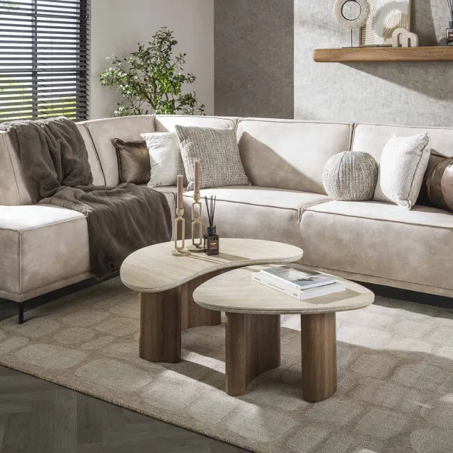 Dimehouse Set van 2 organische salontafels Jimi travertin blad met walnoot onderstel - Japandi - 88 x 44 x 36 cm - Keramiek - Industrieel - Rond Travertinlook
