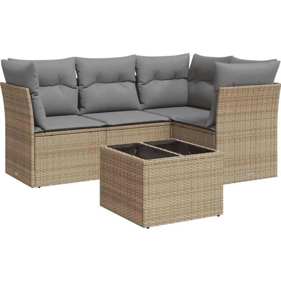 vidaXL 5-delige Loungeset met kussens poly rattan beige