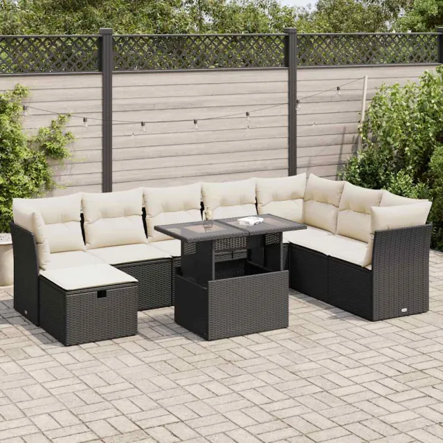 vidaXL 9-delige Loungeset met kussens poly rattan zwart, foto 2