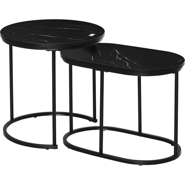 Homcom Salontafel set van 2 - Ronde en ovale bijzettafels marmerlook - Zwart schwarz